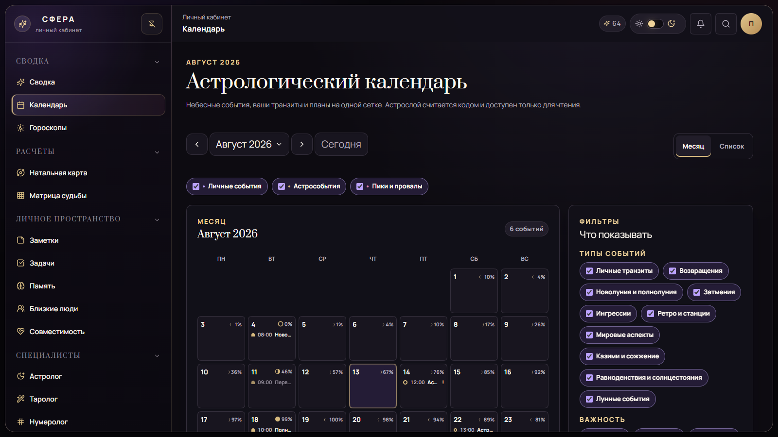 Астрологический календарь СФЕРА с фазами Луны и событиями